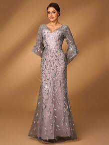 Serin Elegant And Gorgeous Gray Contrast Pink Luxury Sequin Embroidery V-Neck Asymmetric Lotus Leaf Mid-Sleeve Micro Fishtail Suitable For Dinner Bachelor Party Prom Music Festival Wedding Event Mother Of The Bride Dress - Grey - View 7