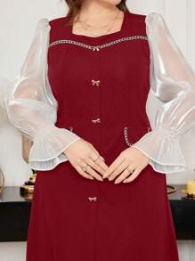 Modelyn 大码优雅欧根纱蝴蝶结连衣裙 - 酒紅色 - 查看 3