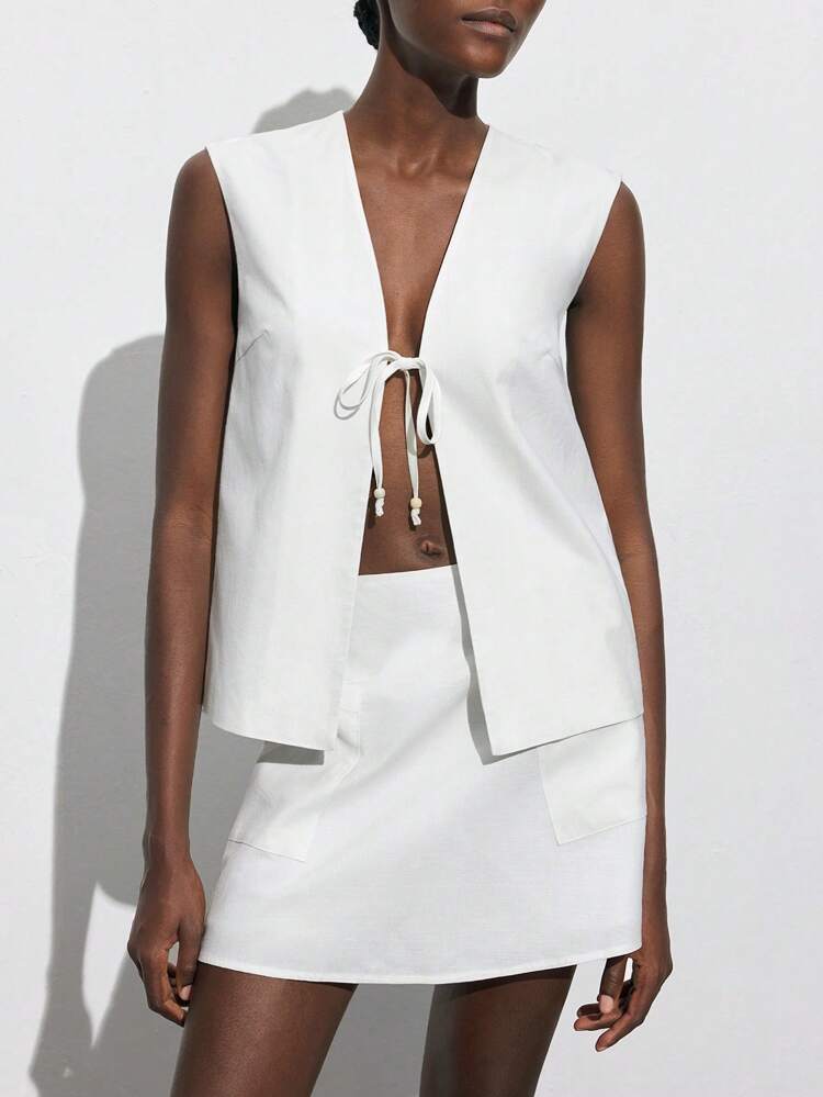 SHEIN Maija Women's White Summer Outfit, Linen Fabric V-Neck Front Bowknot Sleeveless Loose Top, Elastic Waist Side Zipper Pocket Skirt, Elegant Fashion Bohemian Holiday 2 Pieces Set