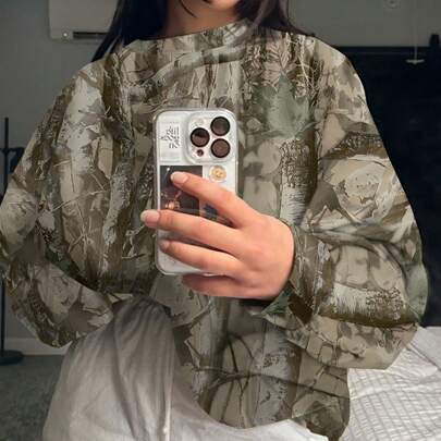 여성용 크루넥 긴팔 스웨트셔츠, 야외 작업복 위장무늬, 가을