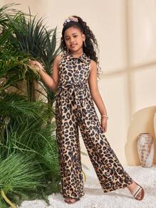 SHEIN Dziewczęcy kombinezon z nadrukiem w panterkę, skręconą talią i stójką, swobodny styl - Morela - Zobacz 7