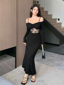 DAZY Women's Lace Patchwork Hollow Out Off Shoulder Long Sleeve Dress For Party/Graduation,Back To School Clothes,Fall Dress - Black - View 3