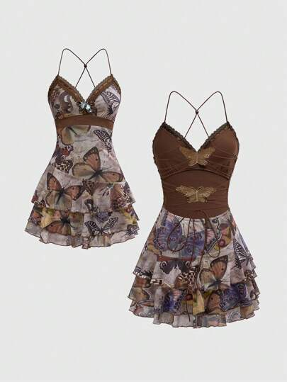 Fairycore Women's Vintage Sexy Music Festival Butterfly Print Asymmetrical Hem Delicate Butterfly Decor Hollow Back Short Dress