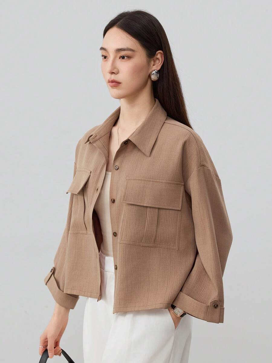 Dazy-Less Women's Loose Casual Business Style Short Sleeve Shirt Old Money Style Linen Preppy Tops - Camel - View 1