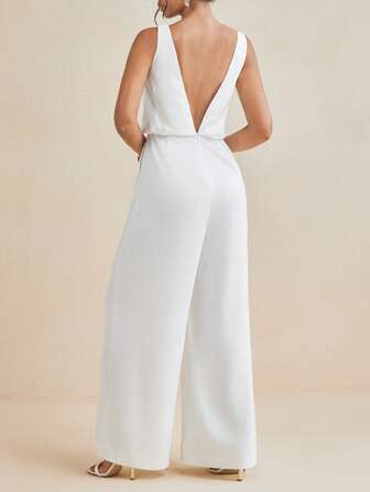 ODELIAR Designer White Satin Drape Neck Low Back Wide-Leg Elegant Jumpsuits, Women Spring And Summer Draped Jumpsuit, Spring Break
