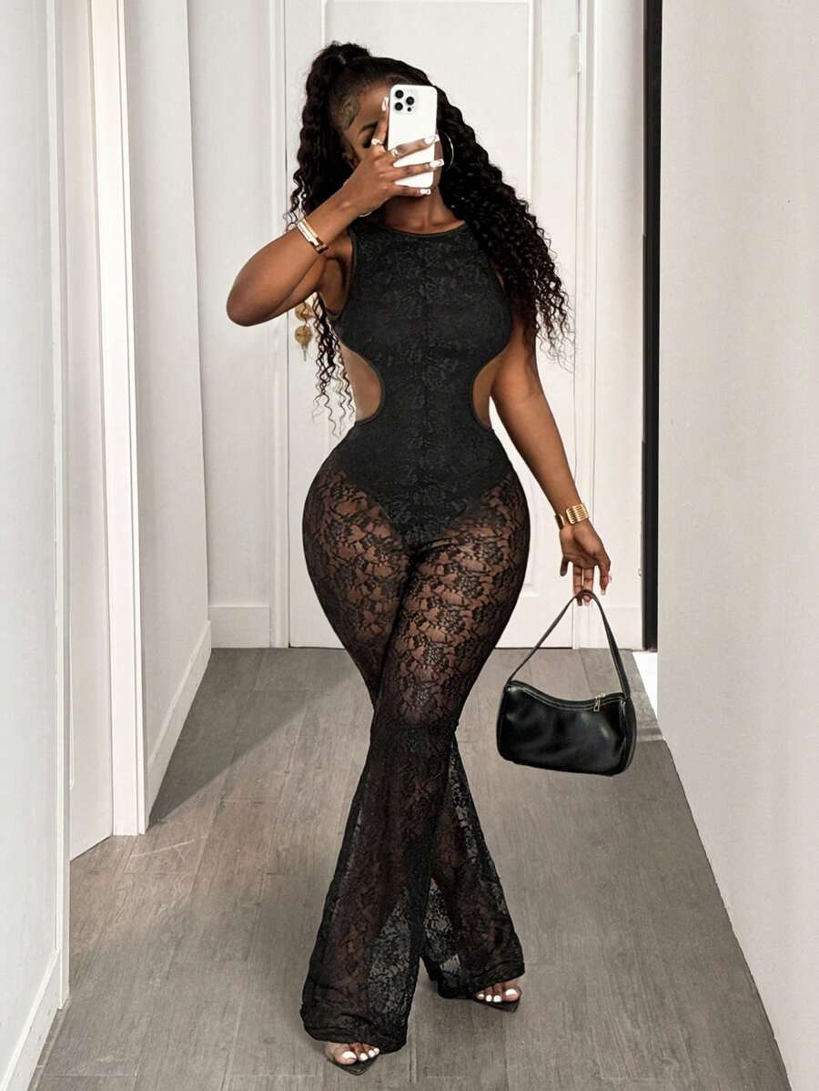 BamGleam 女士无袖黑色蕾丝透视性感连体衣 - 黑色 - 查看 1