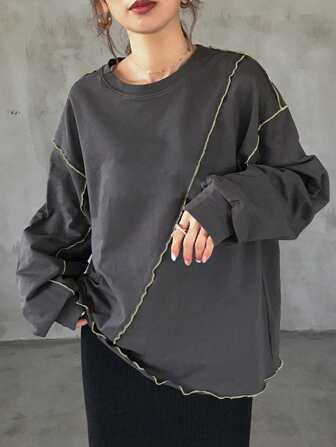 FRIFUL חולצת טי רפויה בצבע ניגוד לנשים, הדפס גרפי, בגדי סתיו עם שרוולים ארוכים לנשים