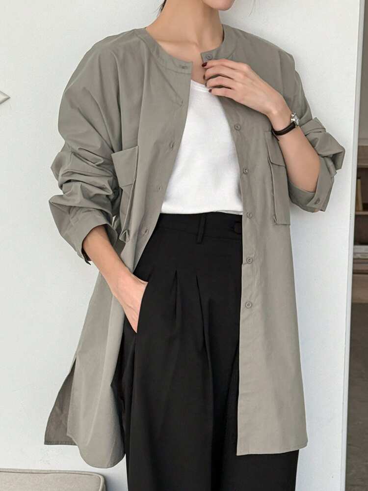 Loose Solid Color Minimalist Oversized Pocket Long Sleeve Shirt Dress For  Women
