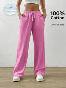 SHEIN EZwear Màu thuần Eo dây rút Dài Quần - Hồng - Xem 7