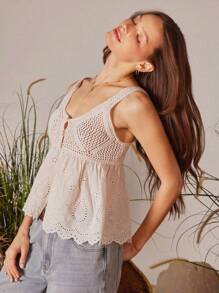 WESTFADE Mixed Media Pointelle Knit Sweater & Eyelet Ruffle Babydoll Sleeveless Cowgirl Spring Break Tank Top - Beige - View 1