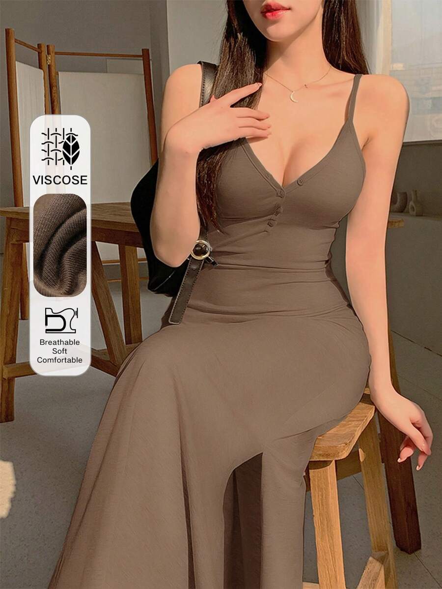 DAZY Vestido largo ajustado de escote de tirantes y cintura fruncida para mujer