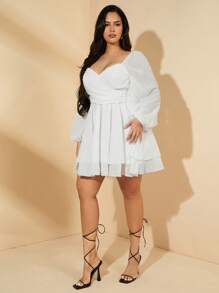 SHEIN BAE Vestido holgado de manga larga ligeramente transparente de color blanco sólido para mujer talla grande, apropiado para vestido de graduación, vestido de cumpleaños, vestido de fiesta, vestido de noche, vestido de dama de honor, vestido de concierto, vestido de vacaciones, vestido de oficina, vestido de boda, vestido de club, vestido de graduación - Blanco - Ver 4