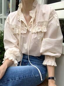 DAZY 女士蕾丝拼接荷叶边系带长袖优雅衬衫，春夏秋季女装