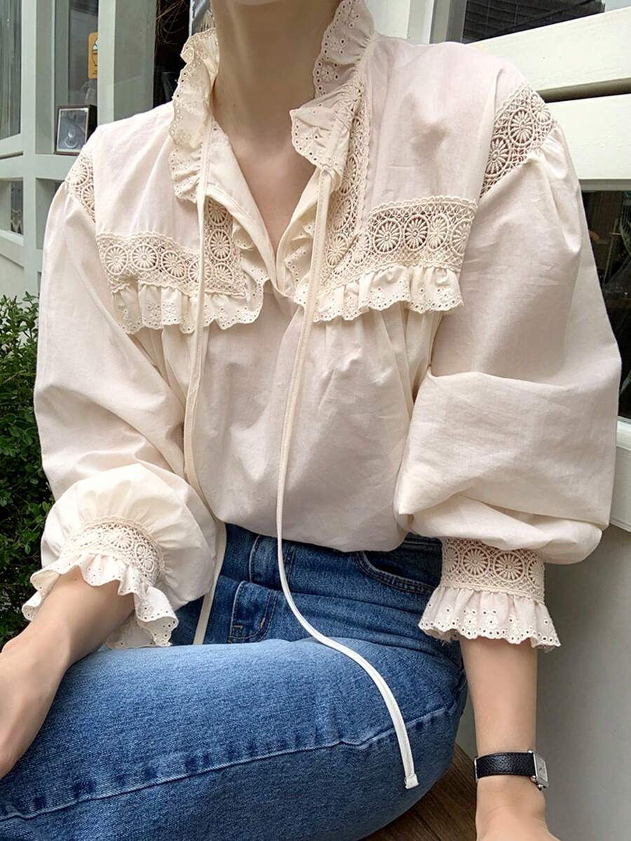 DAZY 女士蕾丝拼接荷叶边系带长袖优雅衬衫，春夏秋季女装