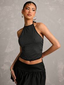 SHEIN BAE Women's Rhinestone Crop Halter Neck Top