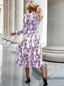 Breezaya 小碎花印花荷叶边袖荷叶边下摆连衣裙长款度假海滩装女款 - 紫色 - 查看 2