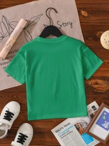 Young Girl Casual Stylish Comfy Simple Milk Tea & Letter Graphic Short Sleeve T-Shirt, Spring/Summer - Green - View 2