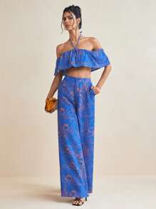 JIAN LASALA Women Blue Tops Boho Spaghetti Strap Sleeveless All Over Print,Plain,Plants,Colorblock Knot,Ruffle,Twist Summer Outfits For Women Summer Tops Vacation Outfits Going Out - Blue - View 5