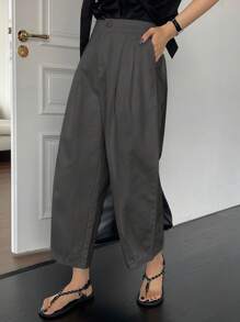 DAZY 女式纯色前扣简约休闲裤 - 深灰色 - 查看 4
