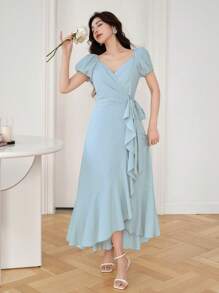 DAZY Women Ruffle Edge Patchwork Mid-Calf Dress Elegant Sundress - Blue - View 4