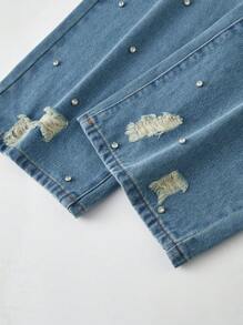 Teenage (Girls) Retro Rhinestone Ripped Washed Wide-Leg Jeans, Casual Fashion - Medium Wash - View 6