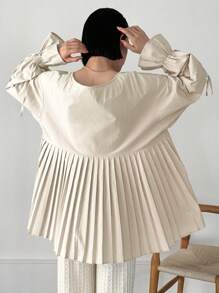 FRIFUL Áo cánh trễ vai thanh lịch, dáng rộng thoải mái cho nữ, mùa thu, áo dài tay nhún bèo - Màu be - Xem 4