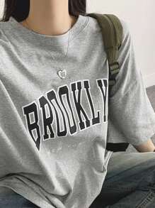 DAZY Letter Graphic Drop Shoulder Tee Oversized T-Shirt Streetwear - Grey - View 9