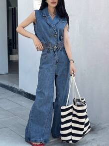 DAZY 1 Set Women Washed Denim Cropped Vest And Wide Leg Pants - Medium Wash - View 5