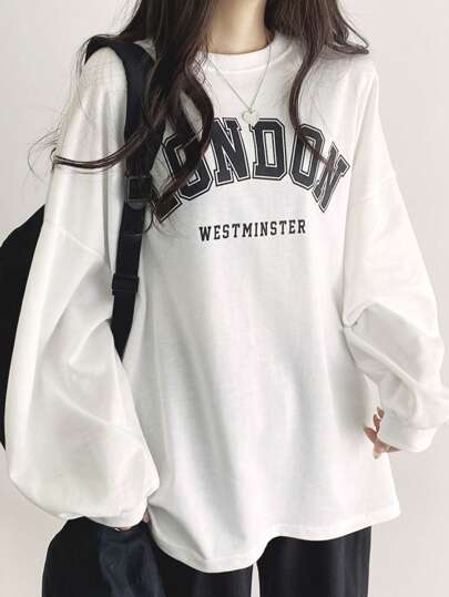 DAZY Letter Graphic Drop Shoulder Oversized Tee,Fall Clothes Preppy Tops Long Sleeve Women Tops