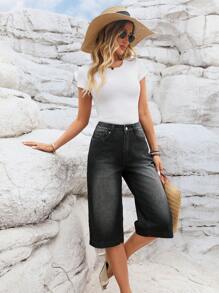 SHEIN LUNE Blugi Capri pentru femei, cu buzunare, cu picior larg, lejer, casual, versatili - Negru - Vizualizare 1