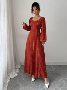 Mulvari Vestido largo de estilo árabe de manga larga y cuello en V simple para mujer