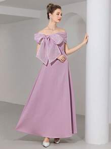 Modelyn Women's Elegant Solid Color Off Shoulder Bowknot Tie-Up Long Dress - Pink - View 4