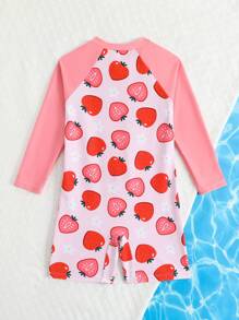 SHEIN 1 pieza Traje de baño de una sola pieza con estampado de tiburón lindo para niña, de manga larga, para el verano - Rosado Sandía - Ver 2