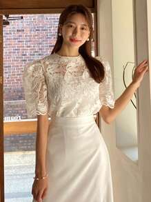 DAZY 女士优雅蕾丝短款泡泡袖 T 恤，夏季外出上衣 - 白色 - 查看 3