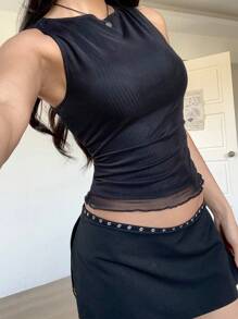 SHEIN EZwear 女士纯色圆领网眼拼布修身休闲背心