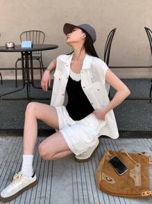 DAZY 女士纯色单排扣工装口袋背心和短裤休闲两件套，短款女装套装，秋季女式家居服套装 - 白色 - 查看 1