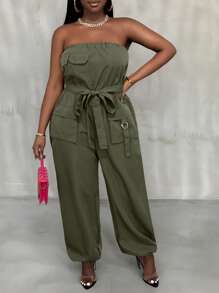 Slaydiva 2025 New Versatile Simple Casual Street Strapless Sleeveless With Belt Waisted Decorated Multiple Cargo Pockets Overall Shorts, Plus Size