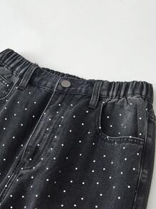 少女休闲时尚简约百搭水钻装饰洗水直筒阔腿牛仔裤 - 黑色 - 查看 4