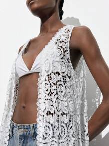 Maija Women's Summer Beach Vacation Hollow Out Tassel Hem Sleeveless Knitted Cardigan