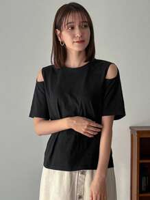 FRIFUL Women's Hollow Out Shoulder Short Sleeve T-Shirt - Black - View 6