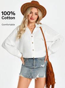 SHEIN LUNE 女式可追溯棉质舒适透气白色褶皱下摆 V 领长袖衬衫，秋冬 - 白色 - 查看 6