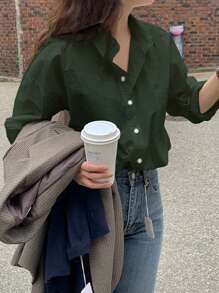 DAZY 女士休闲落肩宽松口袋长袖衬衫，春秋