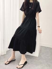 DAZY Solid Drawstring Waist Layered Hem Dress,Ladies Casual Drawstring,Ruffle Hem Short Sleeve Round Neck Regular Fit Long Black Roll Up Sleeve Plain A Line Women Long Dresses,Spring/Summer,Casual Daily Wear Sundress