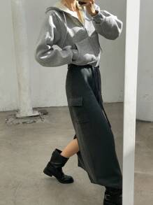 DAZY 女士保暖修身连帽卫衣，秋冬季保暖拉链外套 - 灰色 - 查看 6