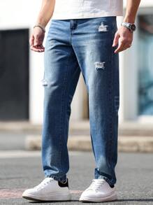 Manfinity Homme Men's Casual Relaxed Fit Straight Leg Ripped Jeans With Pockets - Blue - View 7