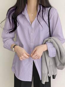 DAZY Solid Button Front Shirt,Long Sleeve Tops - Lilac Purple - View 6