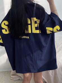 DAZY 女士夏季宽松短袖休闲T恤印花字母圆领超大码T恤 - 藏蓝色 - 查看 3