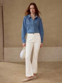 MOTF PREMIUM 对比色蕾丝纽扣牛仔衬衫 - 藍色 - 查看 4