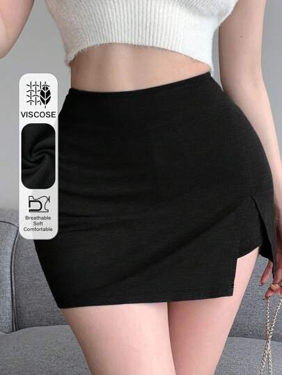 DAZY Minifalda negra de verano con abertura y ajuste ceñido, falda lápiz