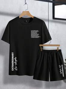 Manfinity Homme Casual Fitted Los Angeles Letter Print Men's 2 Pieces Set - Black - View 3